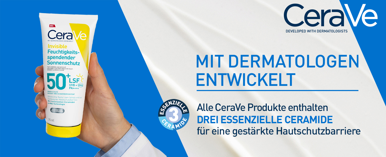 CeraVe Invisible Sonnenschutz LSF 50+ Tube. Text: Mit Dermatologen entwickelt. Enthält 3 essenzielle Ceramide.